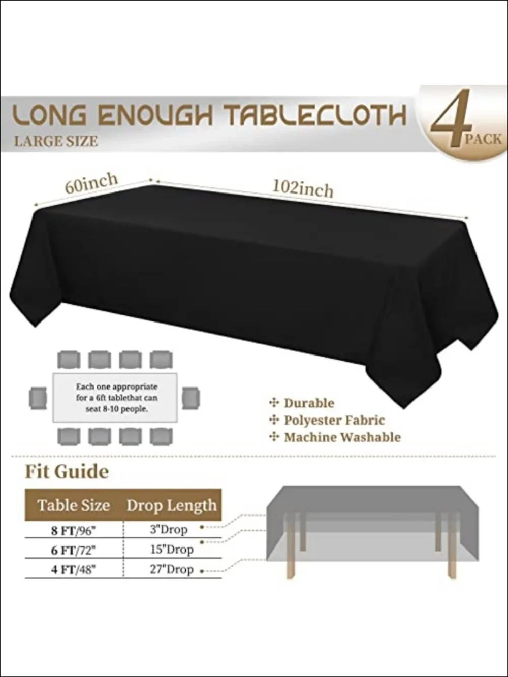 4 Pack Polyester Tablecloths 60x102 Inch Rectangle Dining Table Cover